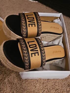 BAMBOO Gold and Black LOVE Espadrille Slide Sandals